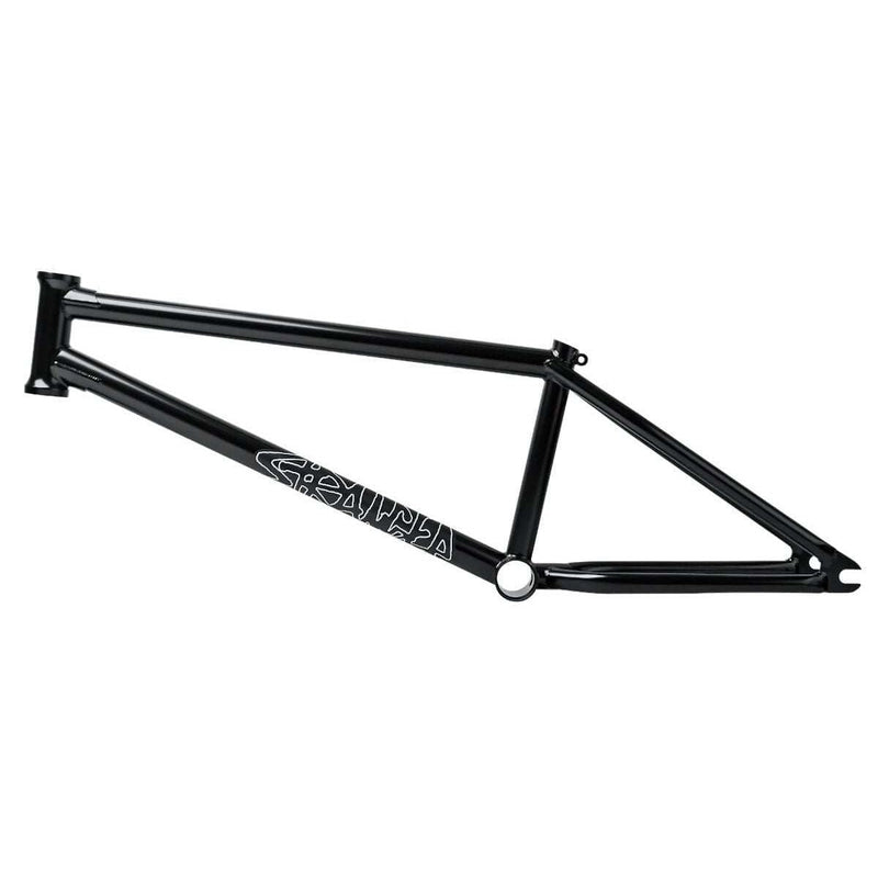 Black Stranger Royale Frame BMX bike frame with Eric Lichtenberger signature, made of durable Japanese Chromoly tubing, brakeless design, and integrated seat post clamp.