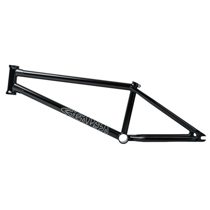 Black Stranger Royale Frame BMX bike frame with Eric Lichtenberger signature, made of durable Japanese Chromoly tubing, brakeless design, and integrated seat post clamp.