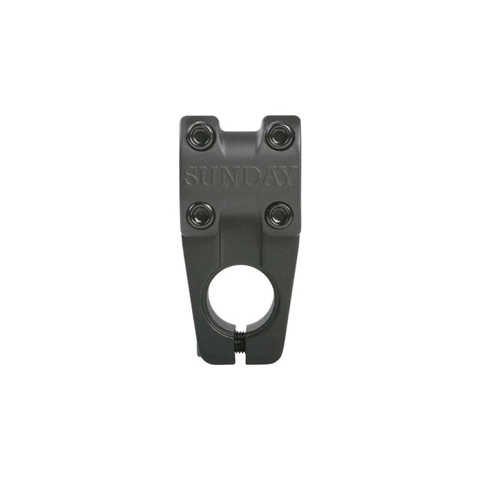 Sunday Freeze top-load BMX stem in black die-cast aluminum with embossed logo and four bolt clamps
