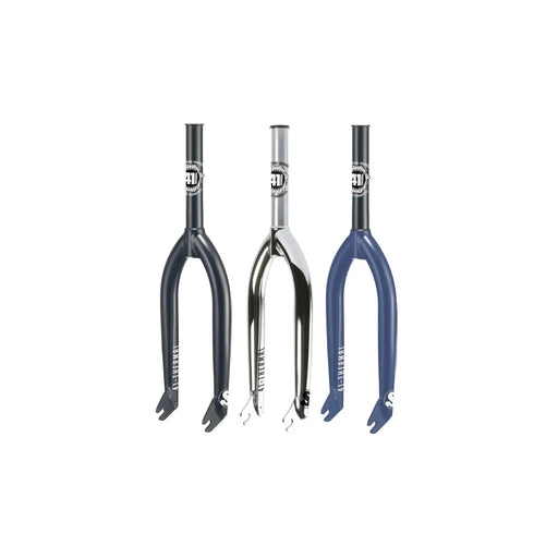 Three Sunday Darkwave Forks in black, chrome, and blue, designed for BMX with rustproof coating and 41-Thermal heat-treated durability.