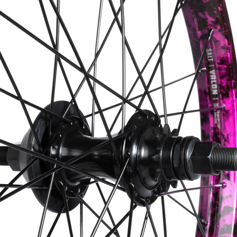 SALT EX cassette rear wheel with black hub, purple splatter Valon rim, and nylon hubguard.