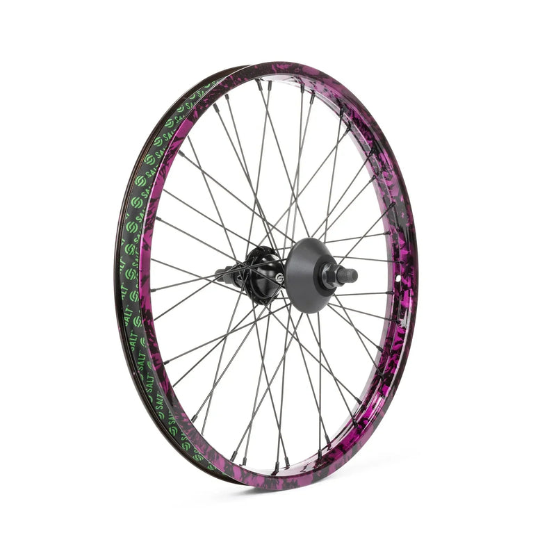SALT EX cassette rear wheel with black and purple splatter, featuring a fully sealed EX hub and VALON rim.