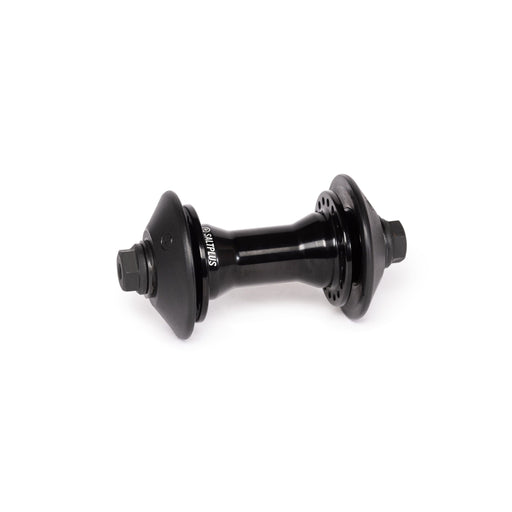 SALTPLUS TRAPEZ FRONT HUB, black alloy, sealed bearings, low flange, female axle, nylon hub guards.