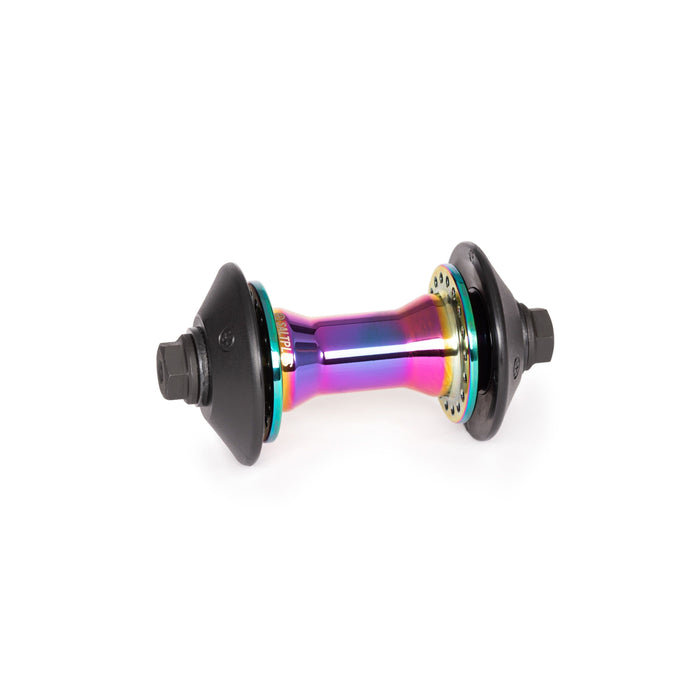 SALTPLUS TRAPEZ FRONT HUB in oil slick color with a slim, low flange design and nylon guards.