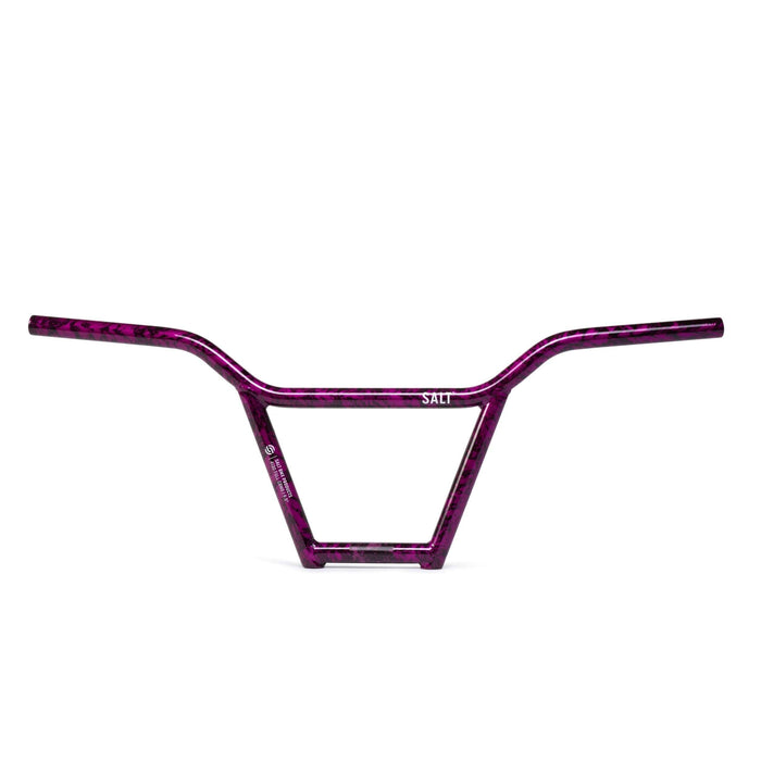 Salt Classic 4-piece chromoly BMX handlebar in purple splatter finish with 9-inch rise and 29.5-inch width