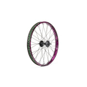 Salt EX front wheel with black and purple splatter design, featuring a 36mm Valon street rim and sealed front hub.