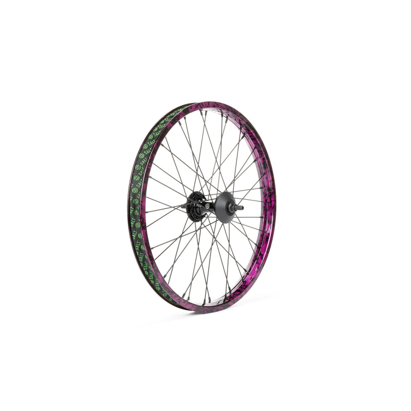 Salt EX front wheel with black and purple splatter design, featuring a 36mm Valon street rim and sealed front hub.