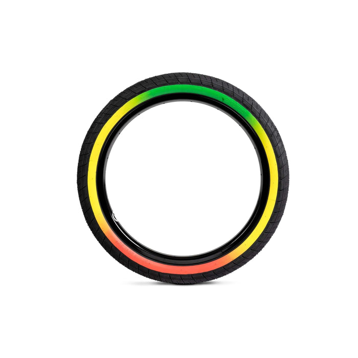 SALTPLUS STING TIRE 20-inch BMX bike tire with rasta sidewall and smooth center tread for versatile riding