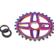 Saltplus Center Sprocket in oil slick color, CNC machined 6061-T6 alloy, includes spindle adapters