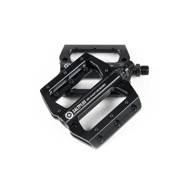 Black CNC machined SALTPLUS ECHO PEDALS with replaceable pins and sealed bearings