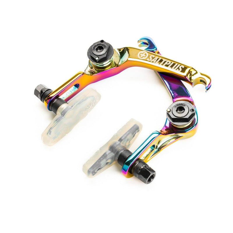 SALTPLUS ECHO REAR U-BRAKE in oil slick finish, featuring strong 6061-T6 cold forged alloy and clear brake pads.