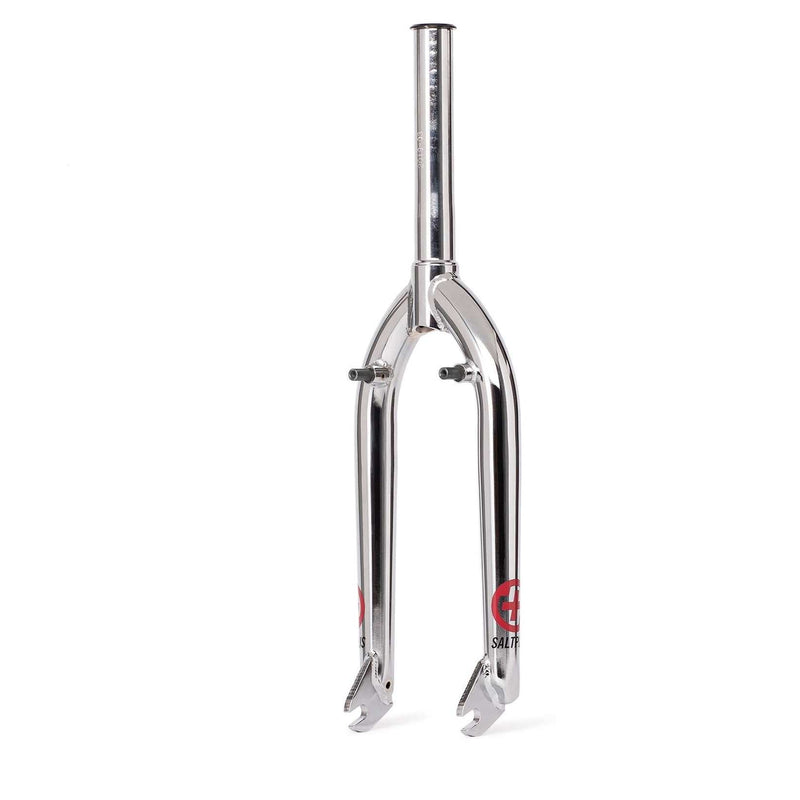 Chrome and black Saltplus HQ Fork with one-piece heat-treated chromoly steerer tube and laser-cut dropouts, brakeless design