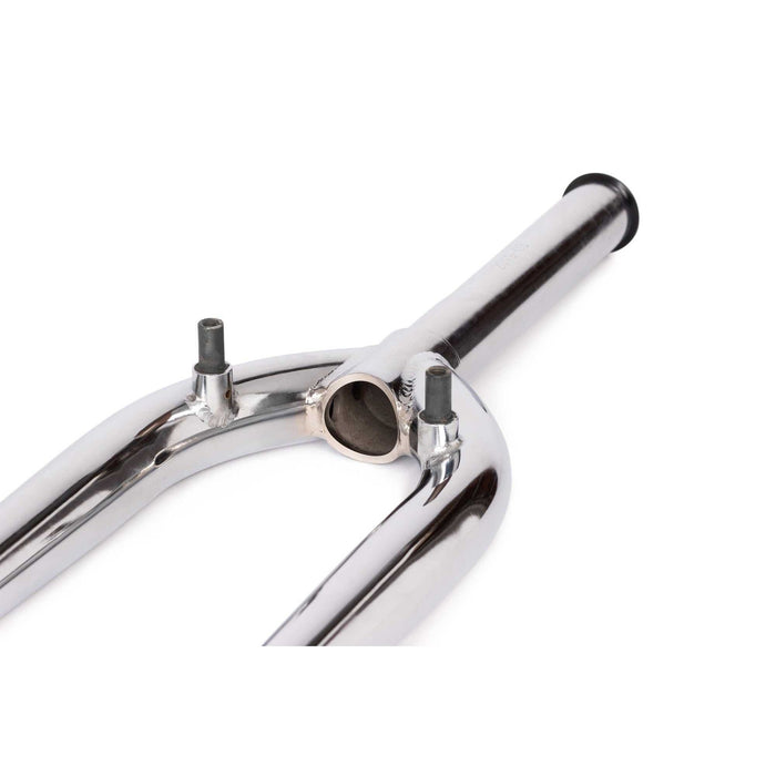 Chrome and black Saltplus HQ Fork made of fully heat-treated Japanese M2 chromoly with one-piece CNC steerer tube and 26mm offset designed for brakeless BMX bikes.