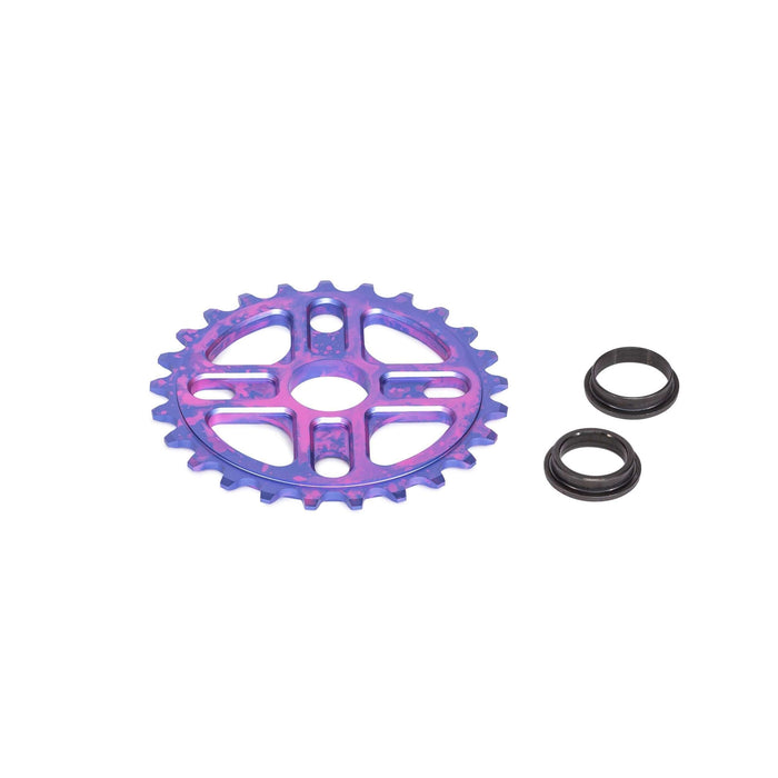 SALTPLUS MANTA SPROCKET CNC machined alloy sprocket in nebula purple with 4 bolt holes and spindle adapters.