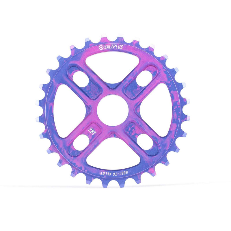 SALTPLUS MANTA SPROCKET 28t CNC machined alloy bike sprocket in nebula purple with four bolt holes and spindle adapters