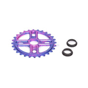 Purple and blue CNC machined SALTPLUS MANTA SPROCKET with 28 teeth and two black spindle adapters.