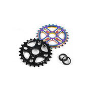 SALTPLUS MANTA SPROCKET CNC machined alloy sprockets in black and oil slick colors with 25t size and spindle adapters.