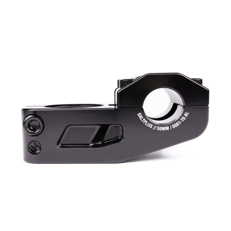 Black SALTPLUS MANTA STEM with CNC detailing and Shark Tooth Clamping in lightweight 6061-T6 alloy.