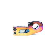 SALTPLUS MANTA STEM in oil slick color, CNC machined 6061-T6 alloy, featuring STC clamping for bar grip, 33mm rise, 50mm reach, 340g weight.