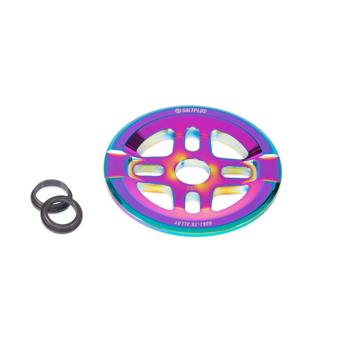 SALTPLUS ORION GUARD sprocket in Oil Slick with adapters, top chain protection.