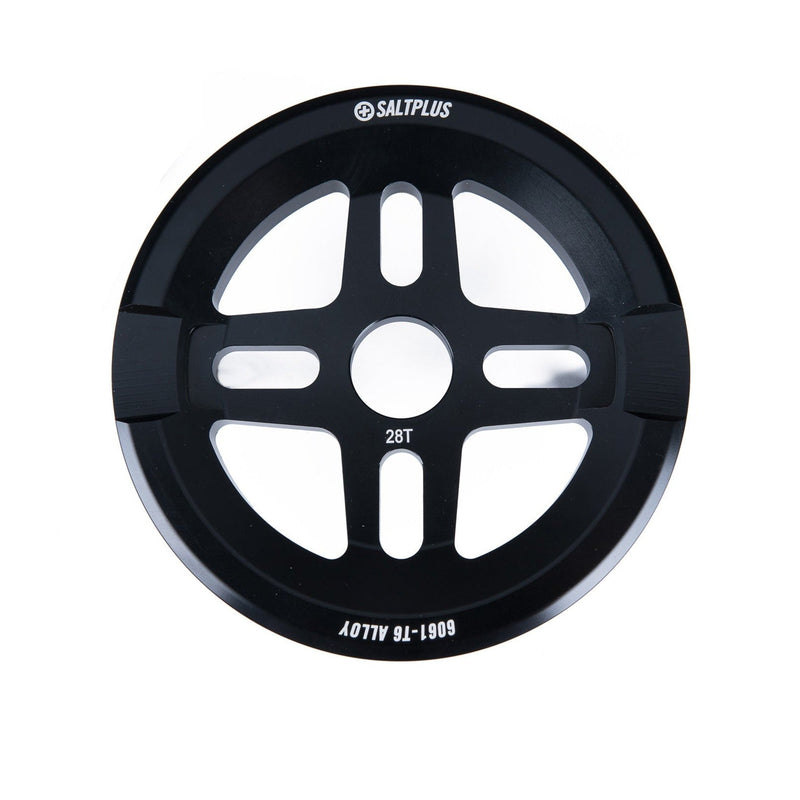 SALTPLUS ORION GUARD sprocket in black, featuring integrated 8mm thick sprocket guard for enhanced chain protection, shown in 28t size.