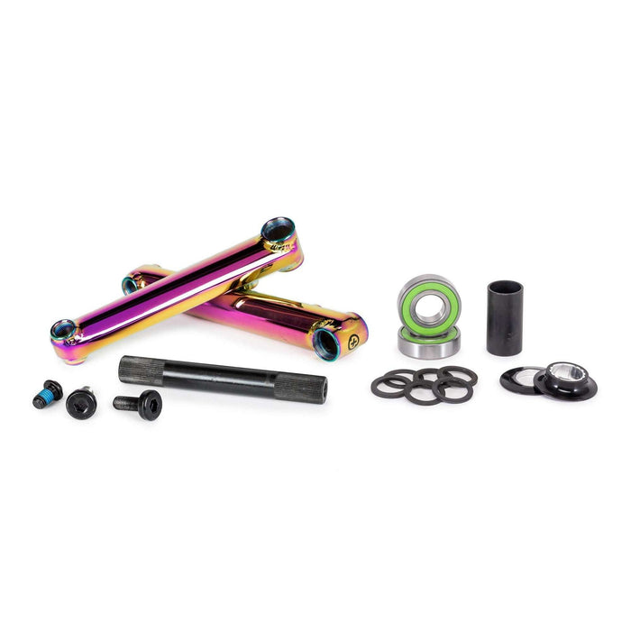 SALTPLUS PRO 48 CRANK bike crankset with curved trapez arms, spindle, bearings, and bolts in oilslick finish