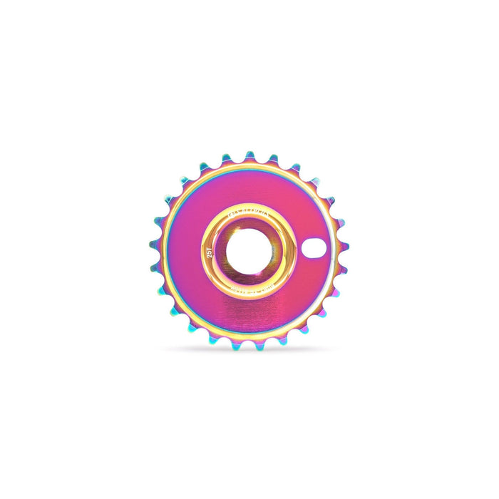 SALTPLUS SOLIDUS SPROCKET in oil slick color, CNC machined alloy, 28t size.