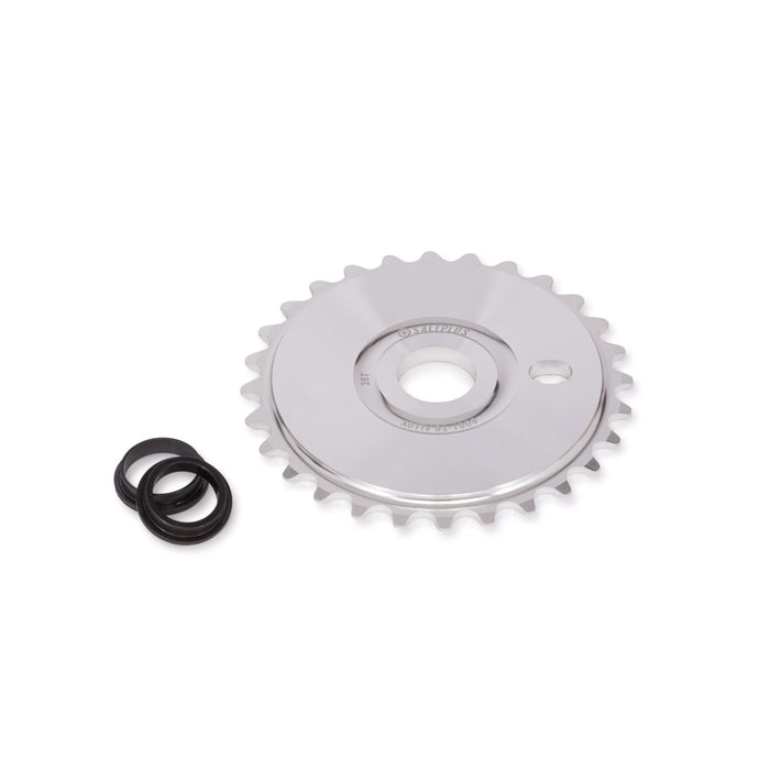 SALTPLUS SOLIDUS SPROCKET in silver, CNC machined alloy, 28t/25t size, with spindle adapters.