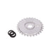 SALTPLUS SOLIDUS SPROCKET in silver, CNC machined alloy, 28t/25t size, with spindle adapters.