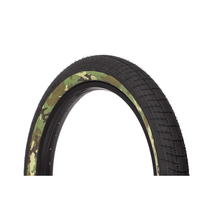 SALTPLUS STING TIRE 20-inch BMX tire with smooth center tread and aggressive knurled camouflage sidewall, designed for all-surface grip and durability.