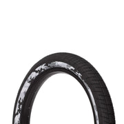 Saltplus Sting Tire 20-inch BMX tire with black and white camouflage sidewall and smooth center tread for versatile grip and durability