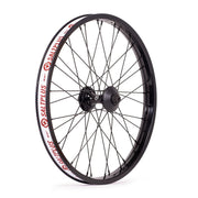 SALTPLUS Summit front wheel with 36mm wide black rim, pro sealed hub, nylon hub guards, available in 18" and 20" sizes
