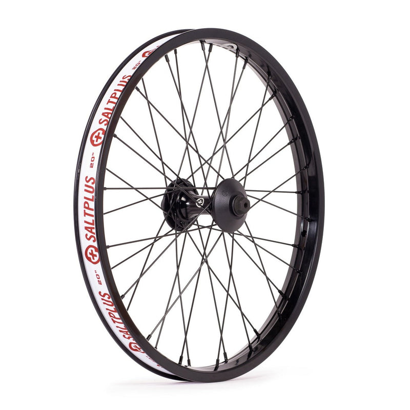 SALTPLUS Summit front wheel with 36mm wide black rim, pro sealed hub, nylon hub guards, available in 18" and 20" sizes