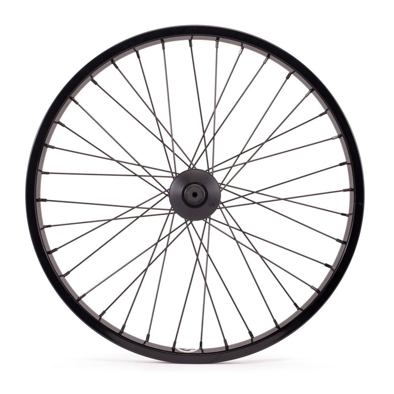 SALTPLUS SUMMIT FRONT WHEEL, black, with 36mm summit street rim, sealed front hub, and nylon hub guards.