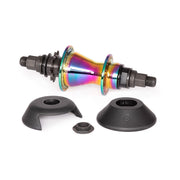 SALTPLUS TRAPEZ cassette hub with oil slick finish, featuring a 9t one-piece driver, 36h spoke holes, and SDS switch drive system, including nylon hub guards.