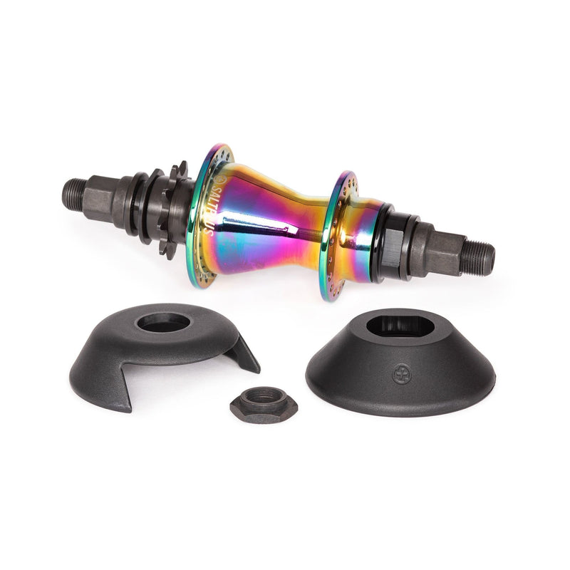 SALTPLUS TRAPEZ cassette hub with oil slick finish, featuring a 9t one-piece driver, 36h spoke holes, and SDS switch drive system, including nylon hub guards.