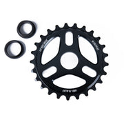 SALTPLUS TRIDENT SPROCKET with three spoke design in black, 25t size, includes spindle adapters.