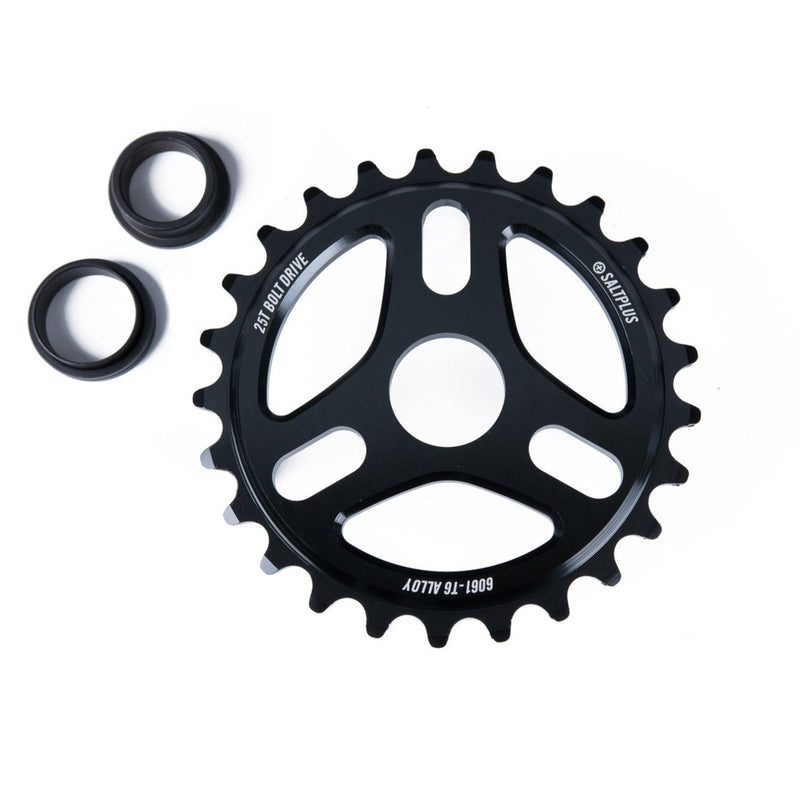 SALTPLUS TRIDENT SPROCKET with three spoke design in black, 25t size, includes spindle adapters.