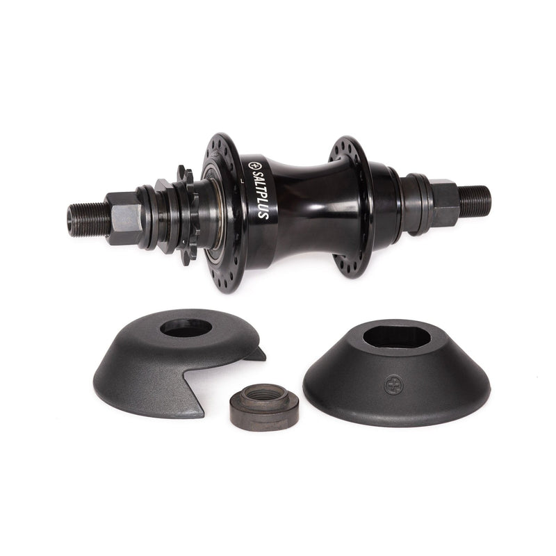 SALTPLUS VERTEX FREECOASTER hub in black, featuring 36 spoke holes, smooth clutch mechanism, and adjustable slack with included nylon guards.