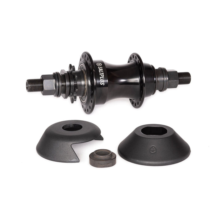 SALTPLUS VERTEX FREECOASTER hub in black, featuring 36 spoke holes, smooth clutch mechanism, and adjustable slack with included nylon guards.