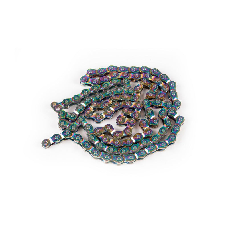 SALTPLUS WARLOCK CHAIN in oilslick color with embossed logo, durable BMX half link with thicker plates.