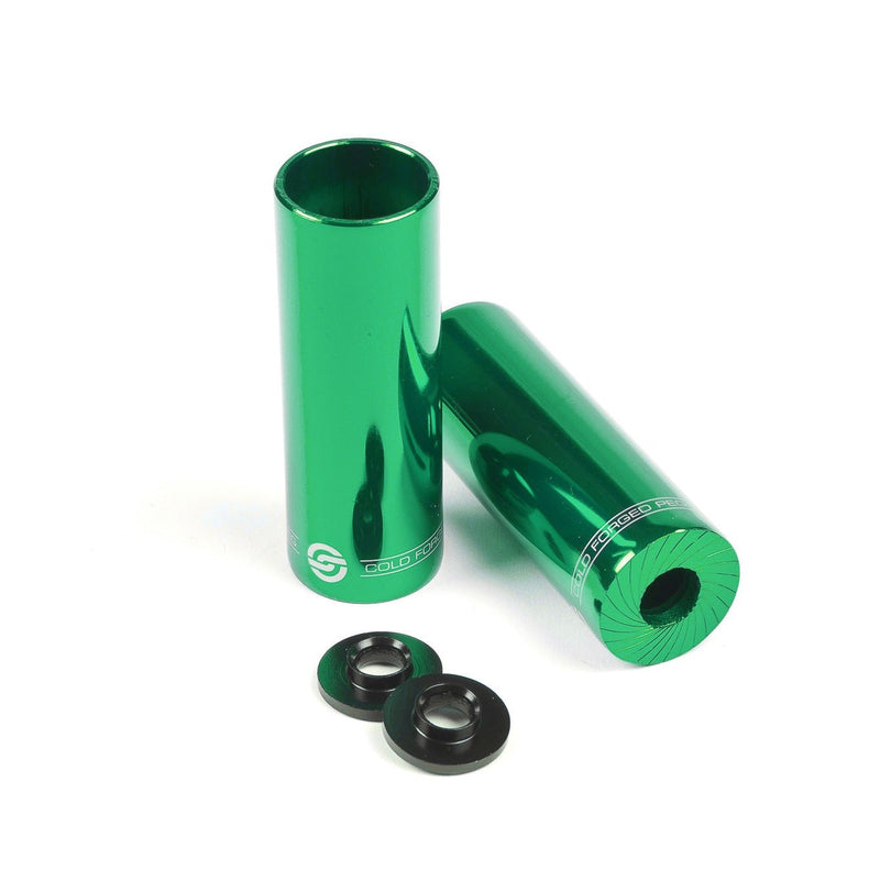 Green SALT AM steel pegs, 4.15" length, sleek design, pair with 14mm axle adapter.