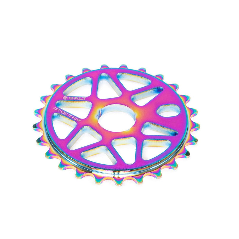 SALT COMP SPROCKET, six-spoke alloy, 25t, black and oil slick, lightweight bicycle component.