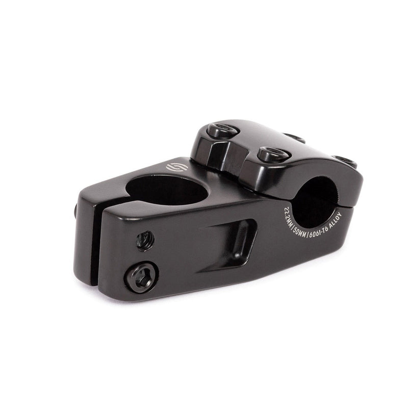 Black SALT COMP TOPLOADER STEM, 26mm rise, 50mm reach, alloy 6061-T6, mid load design.