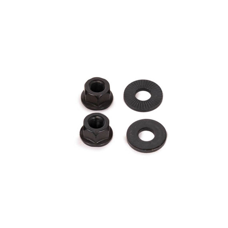 Black SALT CNC axle nuts made from 7075-T6 alloy, shown in a pack of two with washers.