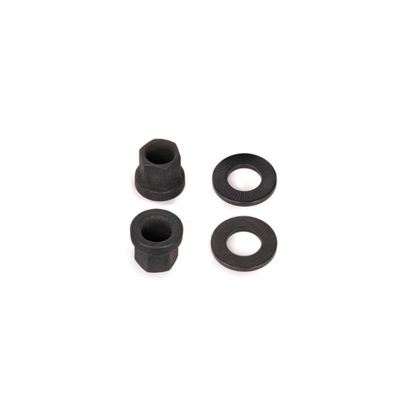 Black SALT CNC axle nuts made from 7075-T6 alloy, shown in a set of four, ideal for 10mm and 14mm axles.
