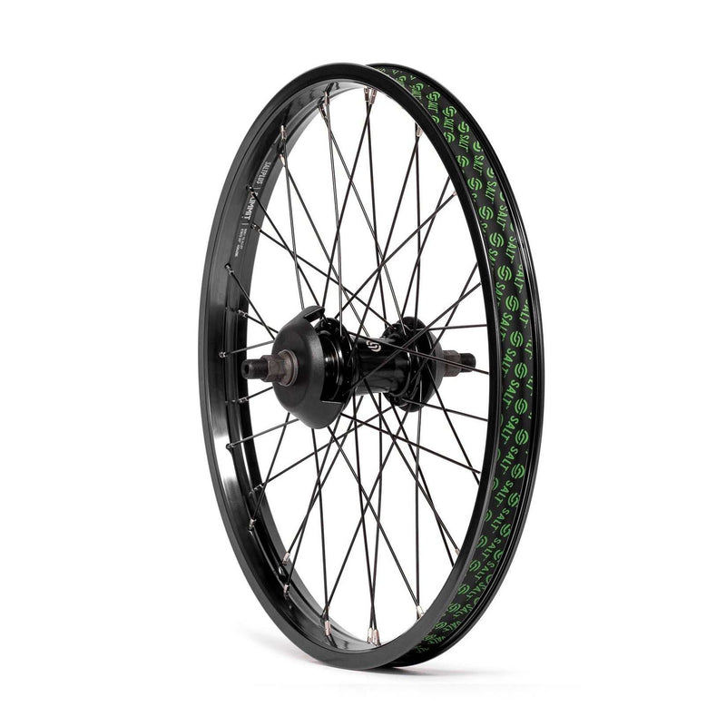 Salt Everest Freecoaster rear BMX wheel with sealed hub and Summit 36mm wide rim in black with green logo accents