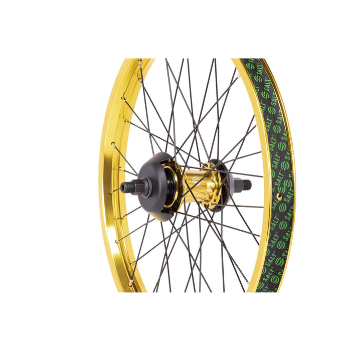 Salt Everest Freecoaster rear wheel with gold rim and black hub, featuring sealed freecoaster and nylon hub guards.
