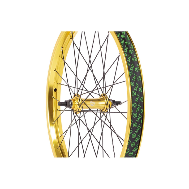 Gold SALT EVEREST front wheel with black spokes and 36mm wide SALTPLUS SUMMIT rim including rim tape