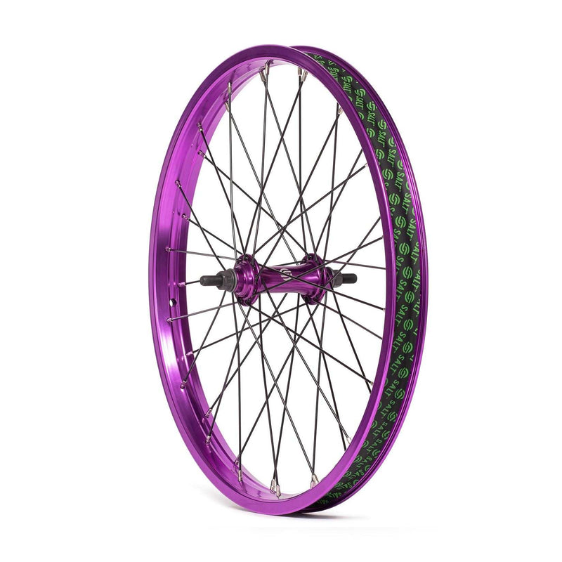 Purple SALT EVEREST FRONT WHEEL with 36mm wide summit rim and sealed front hub for BMX bikes